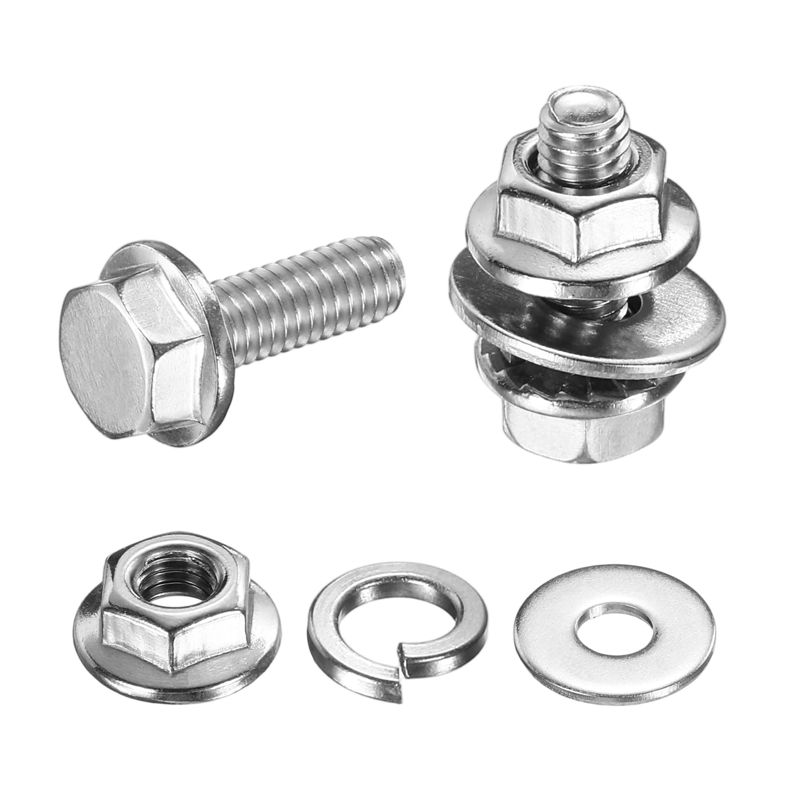 sourcing map M4 x 12mm Phillips Flanged Hex Head Bolts, 40Pcs 304 Stainless Steel Flange Hexagon Screws with Nuts, Flat & Lock Washers, Fully Threaded, for Machinery Industry Home, Silver