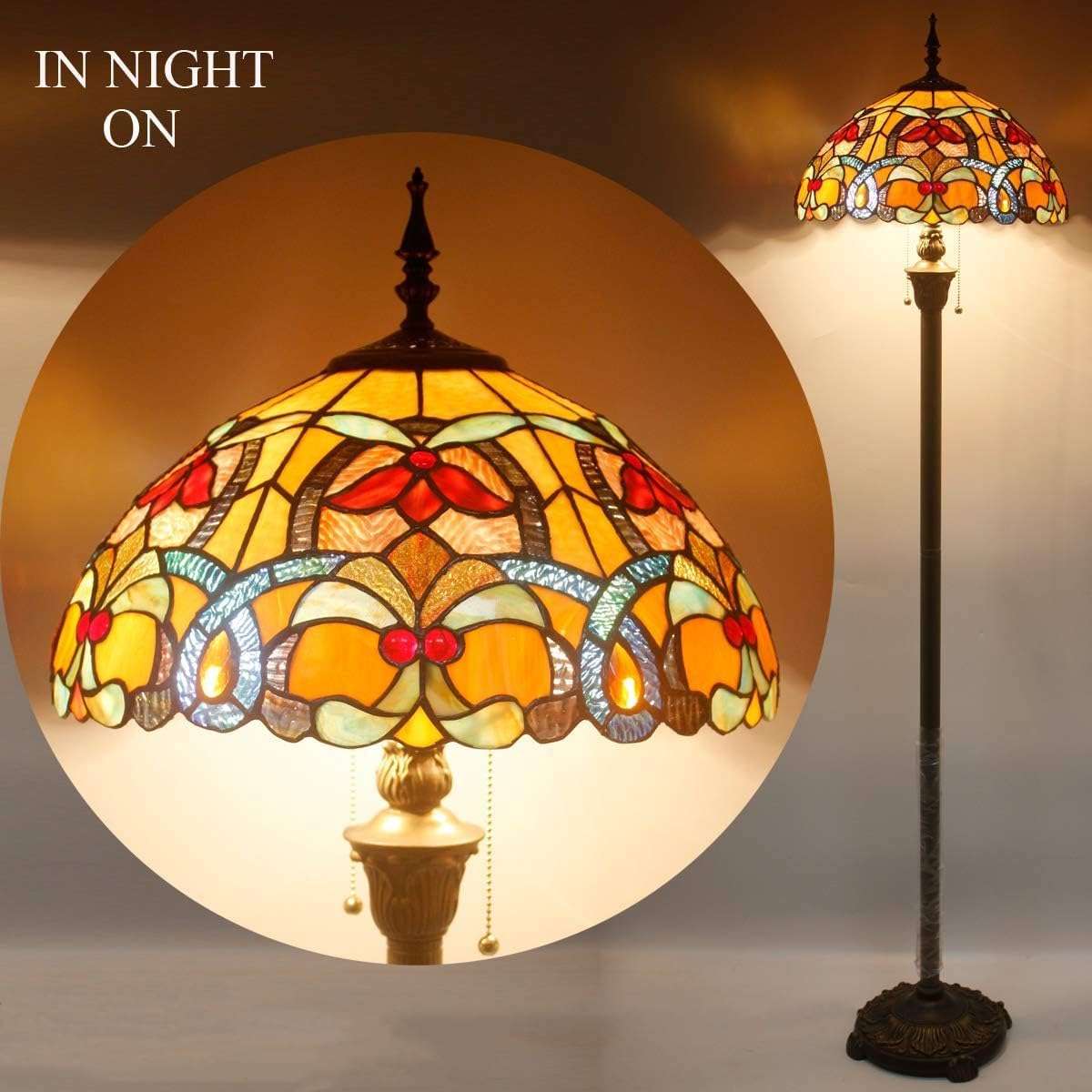 WERFACTORY Tiffany Floor Lamp Orange Liaison Stained Glass Standing Reading Light 16X16X64 Inches Antique Pole Corner Lamp Decor Bedroom Living Room Home Office S617 Series