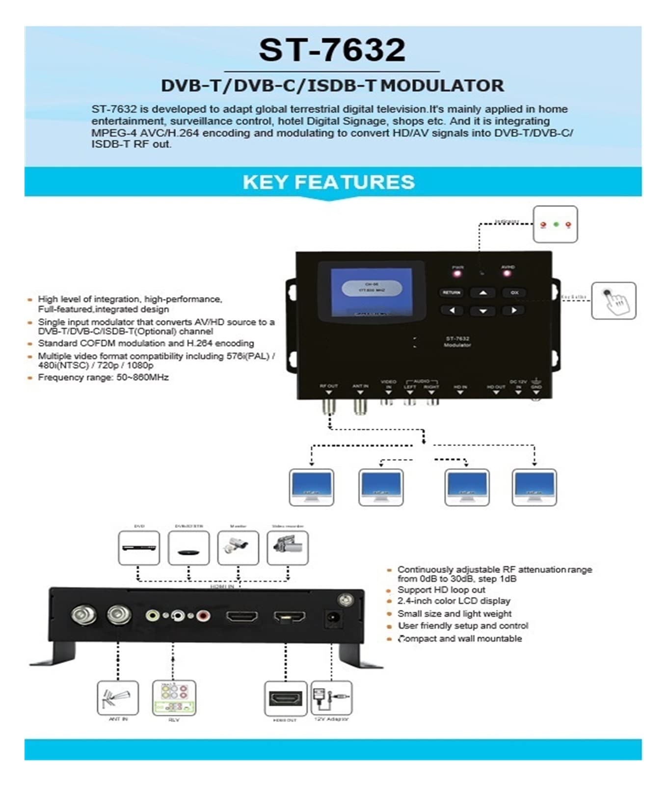 Medidor de Intensidad de señal de TV, Buscador de Estrellas del modulador ST-7632DVB-C DVB-T ISDB-T,Buscador de satélites
