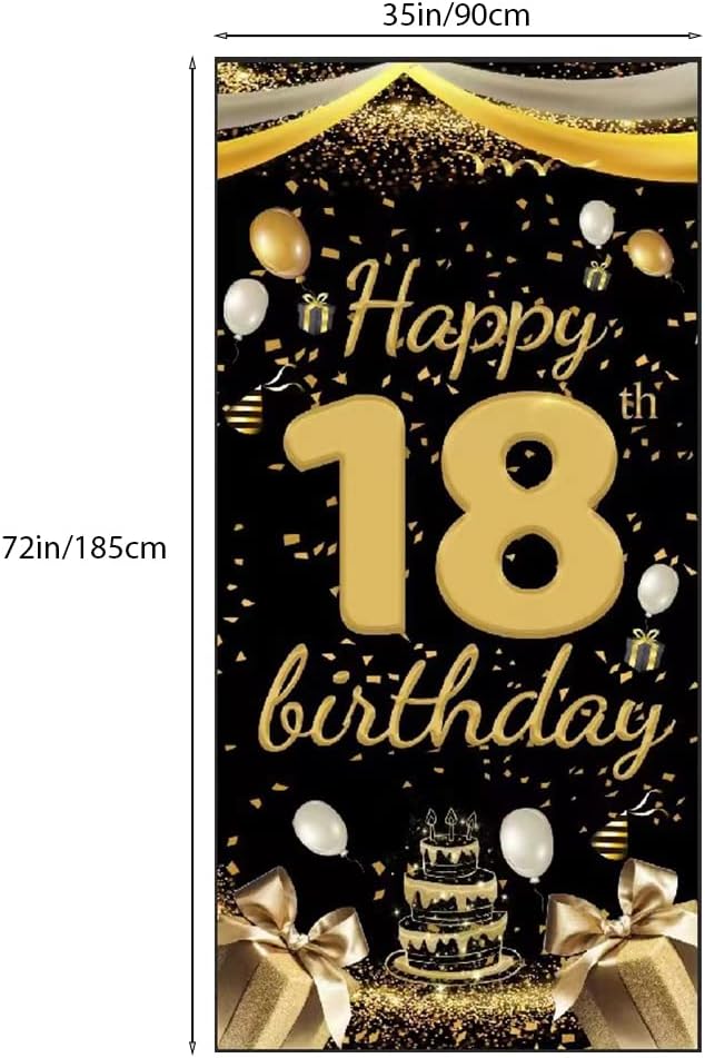 18th Birthday Banner - Black & Gold, 72 x 35 Inches - Large Fabric Photo Booth Backdrop for Parties, Copper,Gold,Black - Image 3