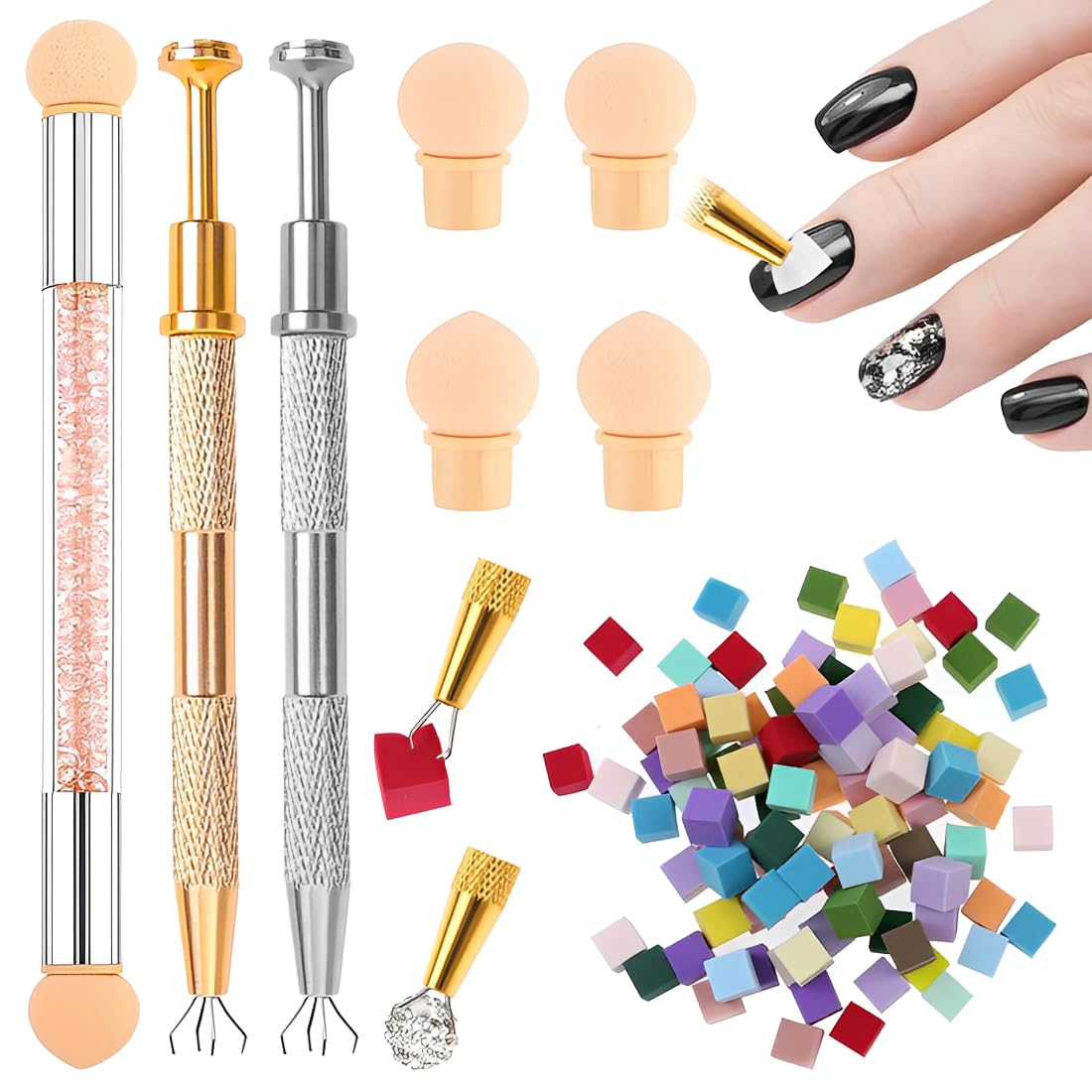 1 Set Spugna per Nail Art, Doppia testa Spugna di pennellino incluso 4 Testine di ricambio, Strumenti per il Rendering Delle Unghie con Pinza Metallica, Pennello per Baby Boomer