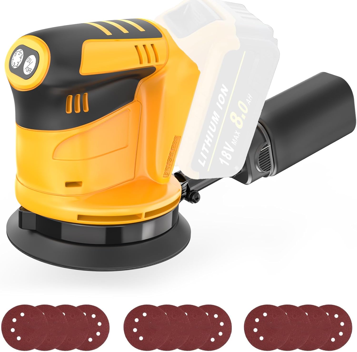 Random Orbit Sander Compatible with Dewalt Battery, 6 Variable Speed Orbital Hand Sander, 125mm Rotary Sanders Brushless with 12x Sandppaers, for Sanding and Polishing (Tool Only, No Battery)