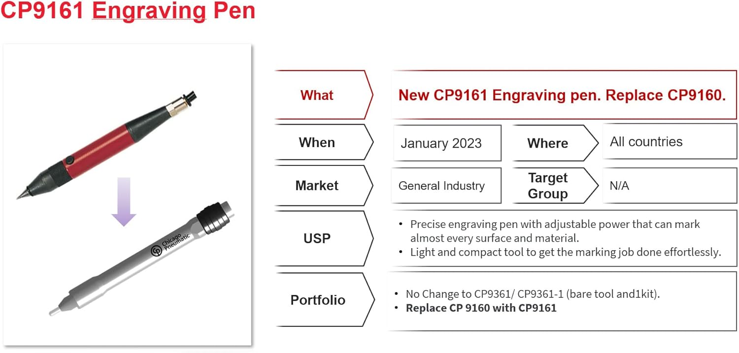 Chicago Pneumatic CP9161 - Engraving Pen Air Scribe with Integrated 6.5 ft (2 m) Hose - 11400 BPM (New Version)