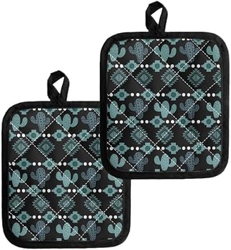 Cactusc Ethnic Heat Resistant Pot Holders 2 Set, Aztec Triabl Heat Resistant Potholder Multipurpose, Navajo Southwestern Table Pads for Kitchen and Dining Table