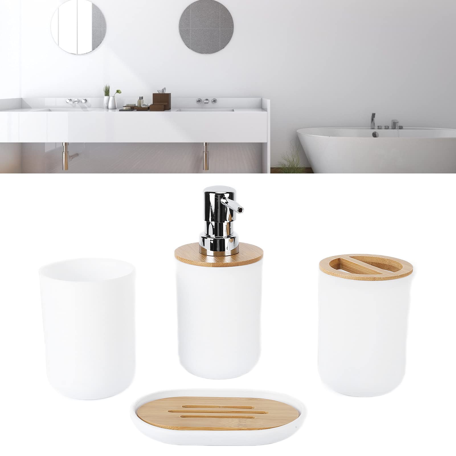 Set Accessori Bagno 4 Pezzi in Plastica Effetto Legno Bianco, Portaspazzolino Portasapone Dispenser Sapone e Tazza, Kit Portaoggetti Compatto per Bagno Casa Moderno