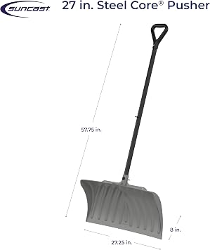 Suncast 27 Steel Core Snow Pusher with Curved Blade, D-Grip Handle, Steel Shaft, Heavy-Duty Snow Removal Tool for Effortless Clearing