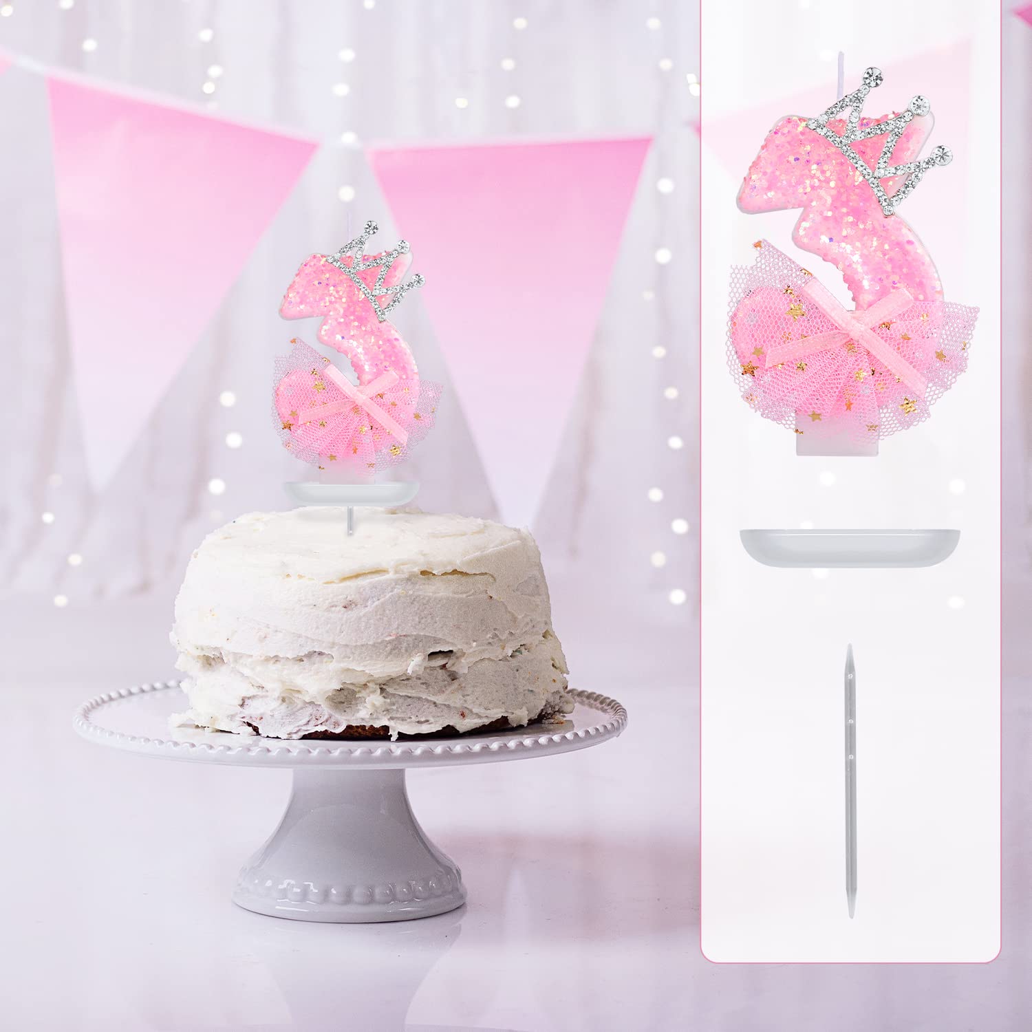 Candele di compleanno con numero margherita e fiore rosa glitterato, 7 candele per torta di compleanno