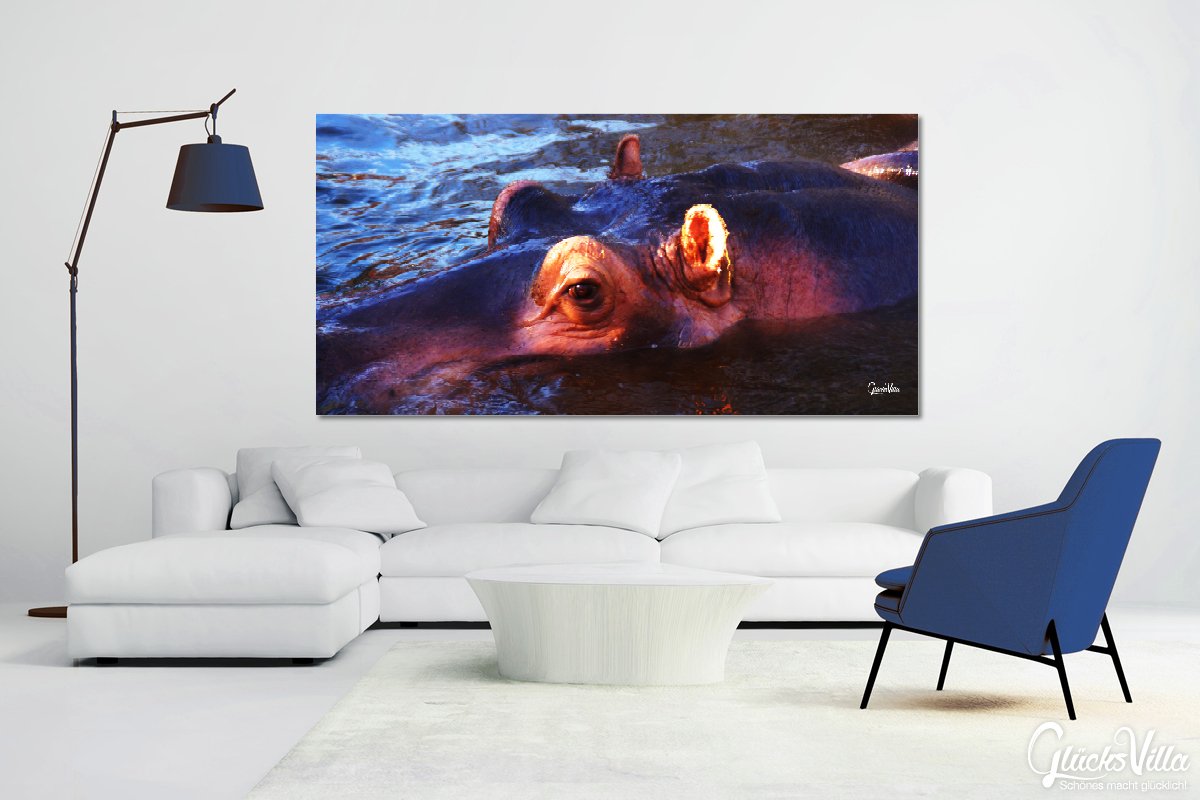 Glücksvilla - Nilpferd 1 (Leinwand-Bild 2 cm, 80 x 40 cm) | div. Maße - aus DE - Kunstdruck Deko Wandbild quer - Wildnis Afrika Natur Tier Hippo