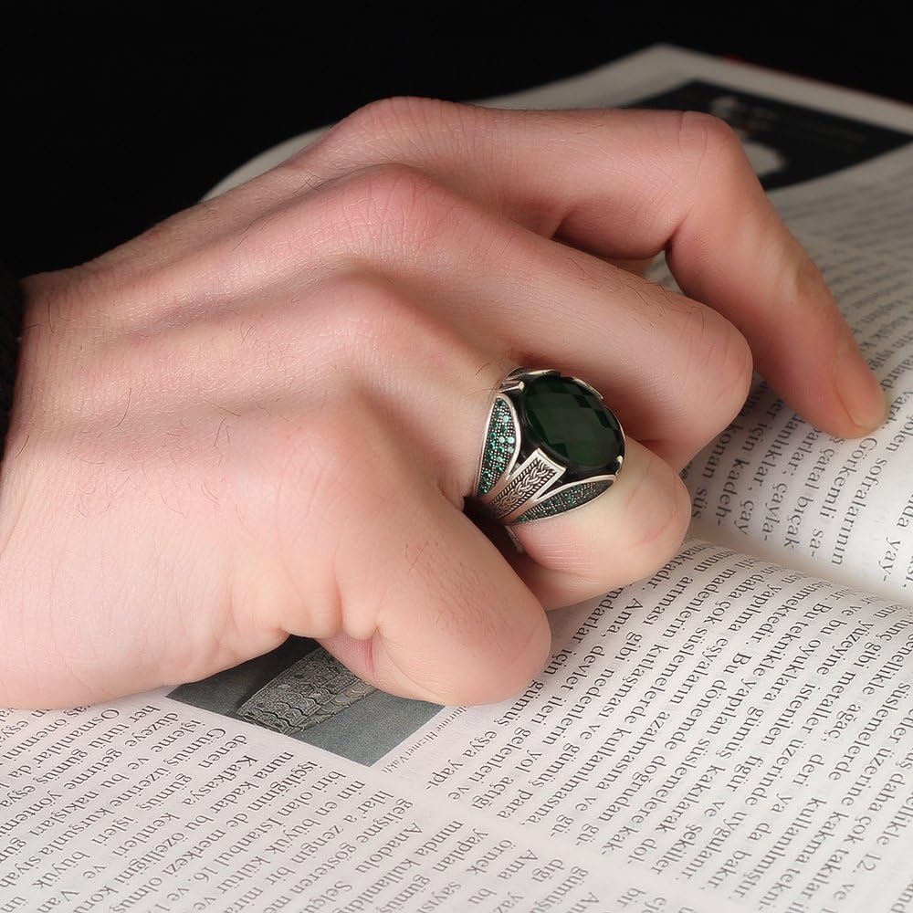 925 Sterling Silver Men's Emerald Stone Ring, Handmade Green Stone Ring for Men, Silver Gemstone Ring, Silver Ring with Emerald Stone, Men's Silver Ring, Gift for Him, Gift for Men, KSR-040 - Image 2