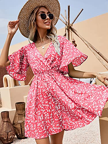 Image of Floerns Women's Tropical Floral Plunging V Neck Tie Open Back Summer Short Dress