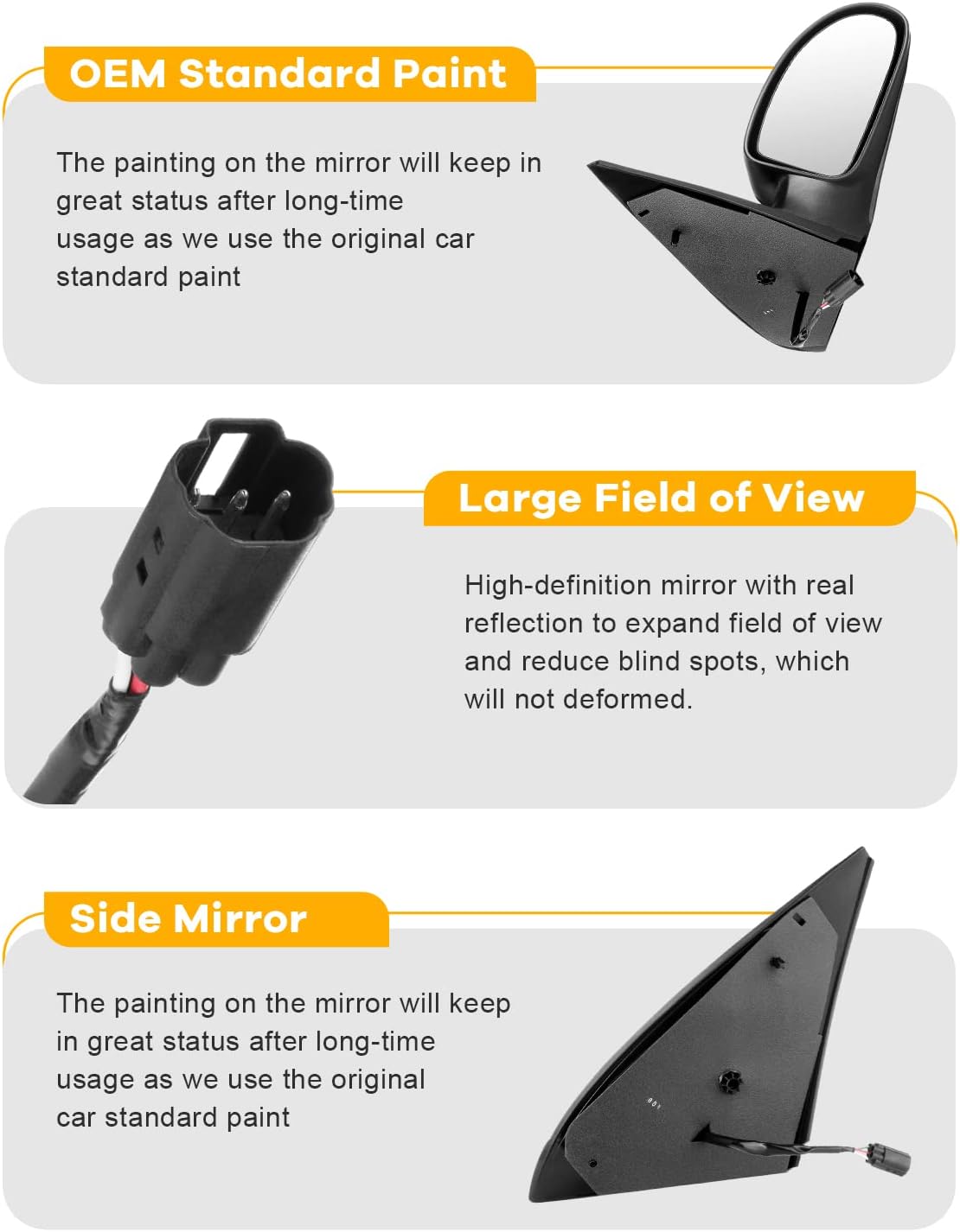 Passenger Side Mirror Assembly Fits for 2000-2007 For Ford Focus Power Non-Folding Mirror Non-Folding Non-heated Power adjustment Textured Black
