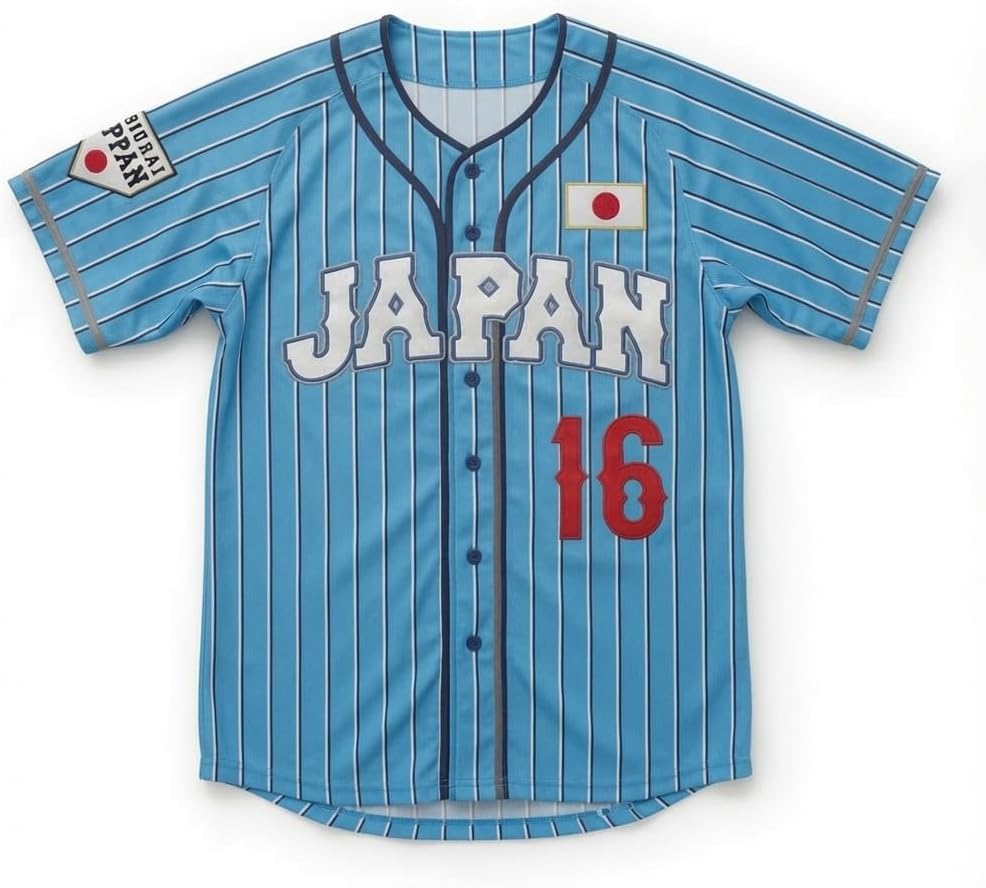 Japan Baseball Jersey #16 with Flag Patch, Pinstripe Custom Sewn Any Name Number Sizes