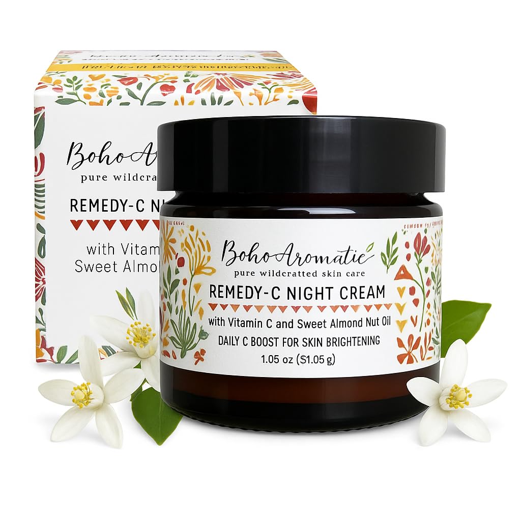 Boho Aromatic Vitamin C Night Cream for Face, Brightening Vitamin C Moisturizer Face Cream – Hydrating Rich Night Serum Cream in Eco-Friendly Glass