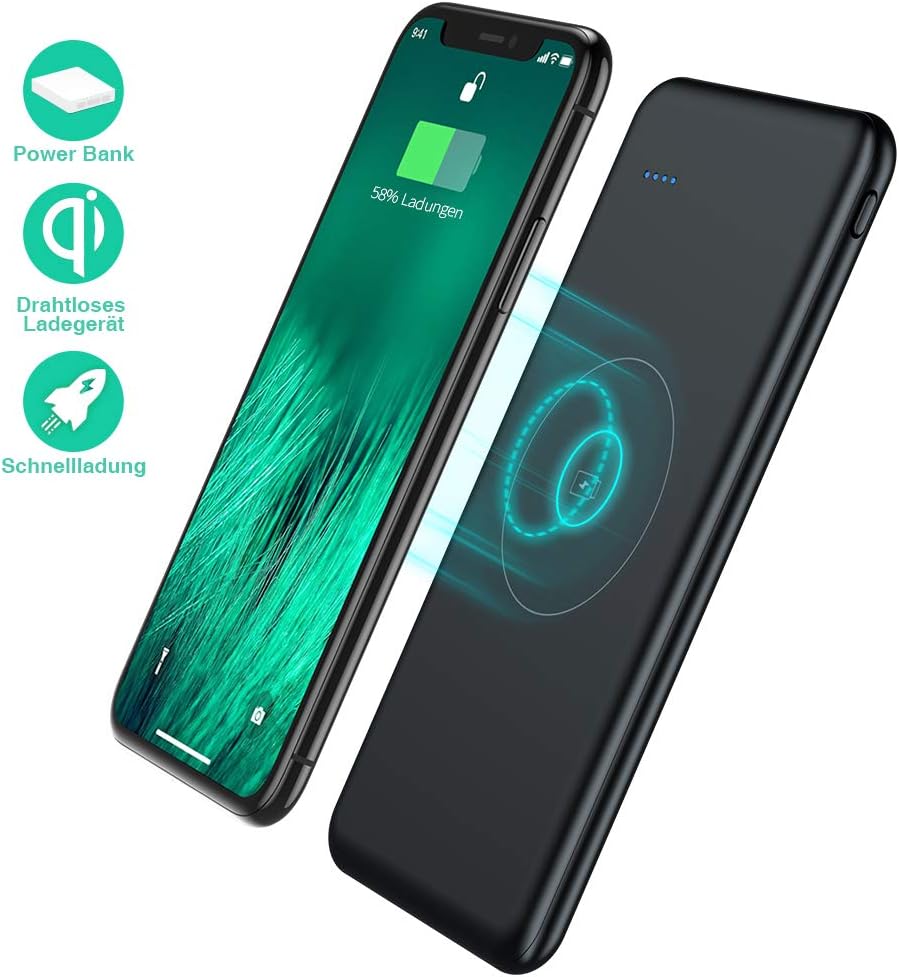 TOVAOON Qi Wireless Portable Charger, 10000mAh Fast Charging Power Bank Battery Charger Pad External Battery Pack for iPhone 8/8 Plus,Samsung S7 S8 S9,Note 7 8,iPhone X XR XS Max(black)