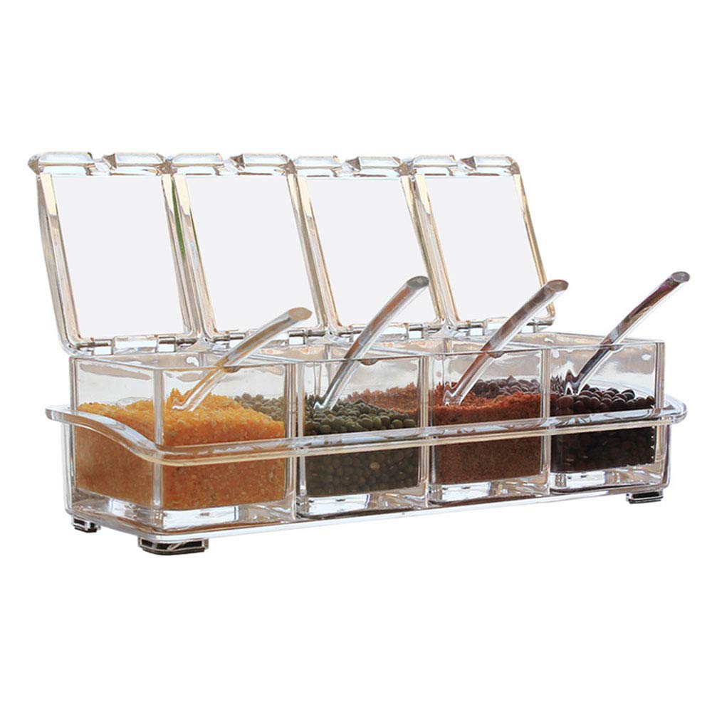 Seasoning Box Transparent Seasoning Box, 4 Pieces Seasoning Storage Container with Spoon, Condiment Jars with Cover and Spoon for Spice Salt Sugar Cruet