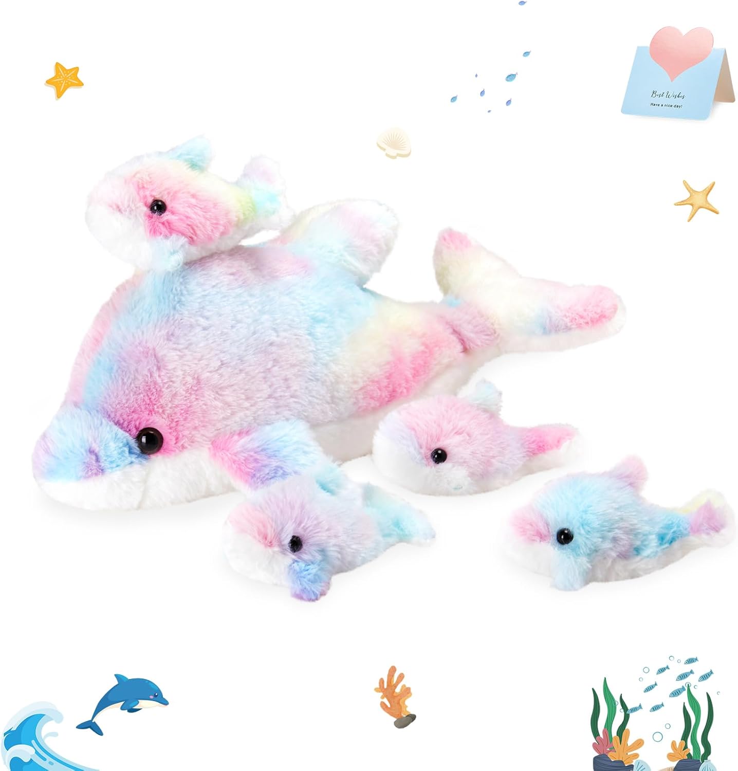 WEWILL 17-Inch Rainbow Dolphin Plush Toy with 4 Baby | Soft & Cuddly Stuffed Family Set | Colorful Dolphin Plush Gift for Kids