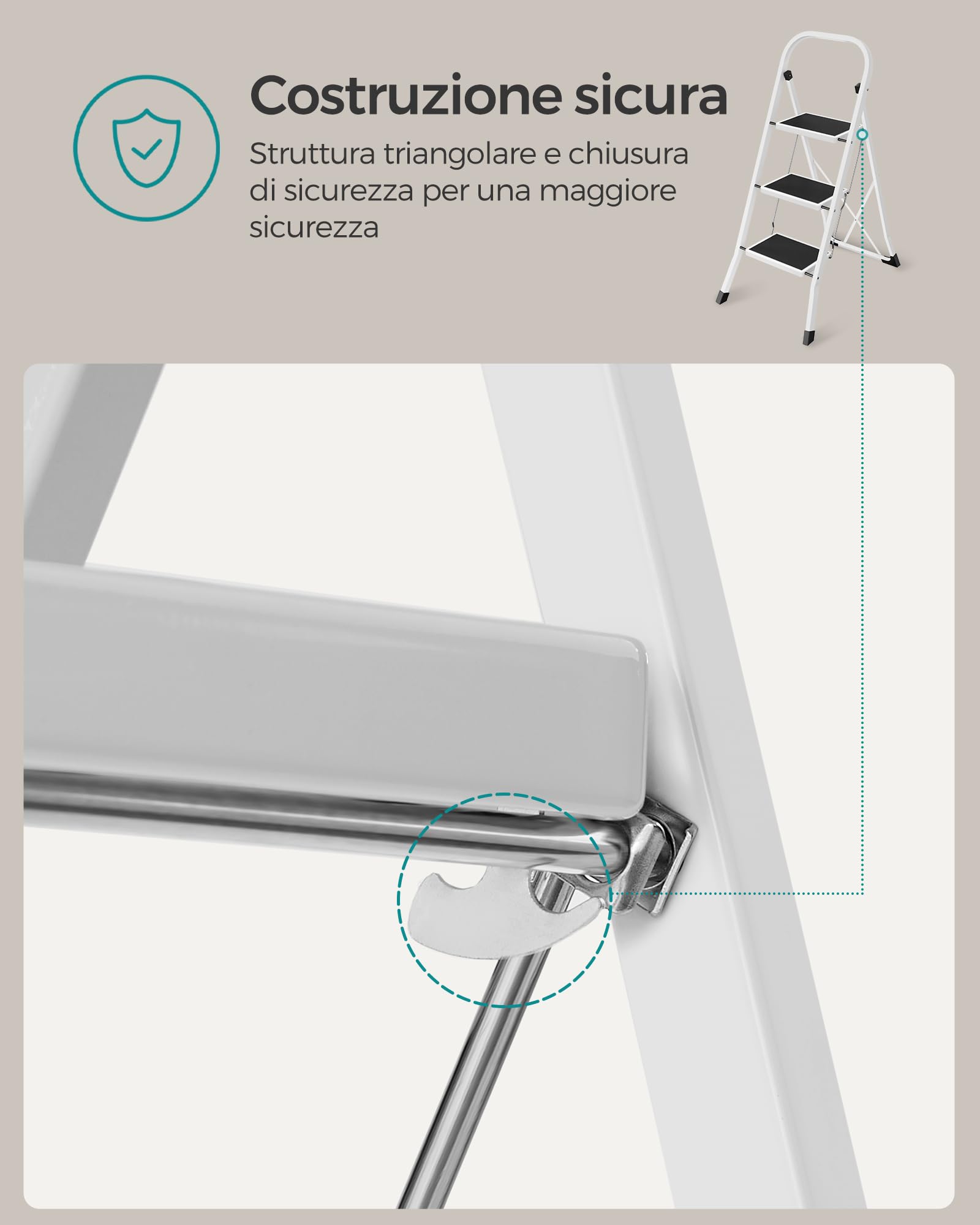 SONGMICS Scaletta, Scala a 3 Gradini, Scaletta Pieghevole, Chiusura di Sicurezza per Piegamento, Facile da Riporre, Portante 150 kg, Bianco Semplice GSL03WT