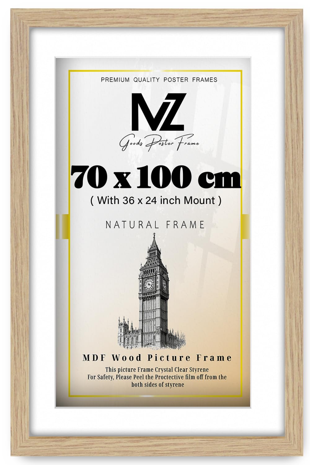MZ GOODS | Flat Frame (91.44 x 60.96 cm) with 76.20 x 50.80 cm White Mount - 24 x 36 Inch Frame for Posters, Prints, Artwork 3' 0" x 2' 0" [ Oak ]