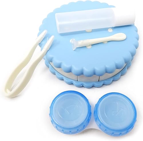 Honbay Estuche para lentes de contacto con forma de galleta, estuche para lentes de contacto de viaje con espejo (azul)