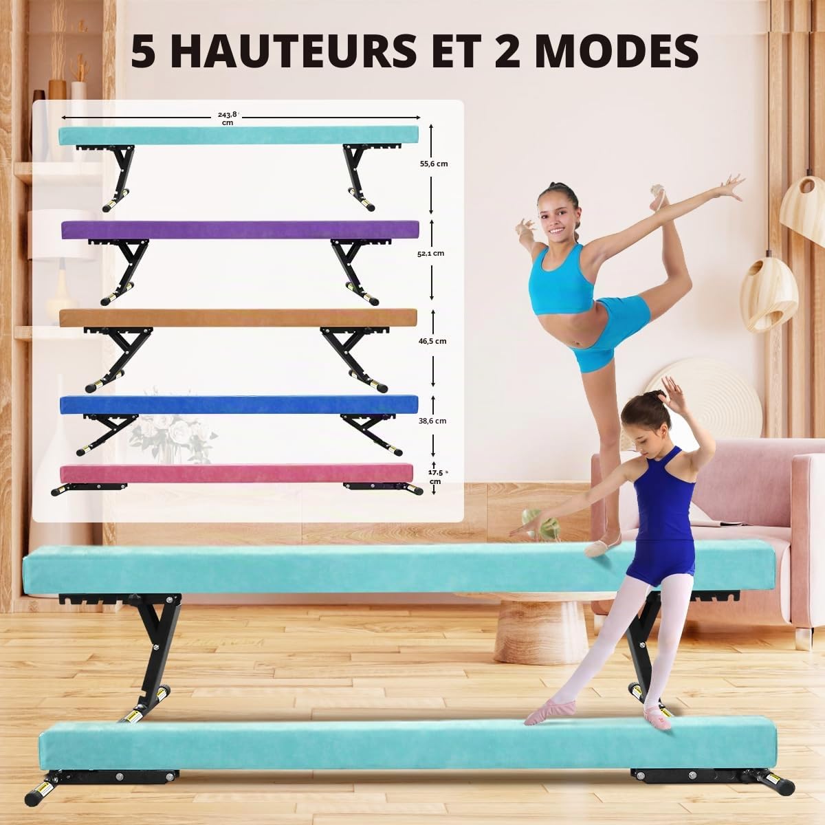 Poutre Gymnastique Enfant 244cm, 5 Hauteurs Réglables, Débutants & Pros