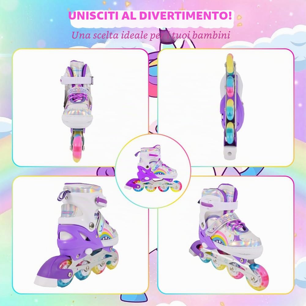 Pattini in linea regolabili per bambini ragazze ragazzi principianti, Pattini a rotelle per bambino e adolescente per lo sport Viola Arcobaleno