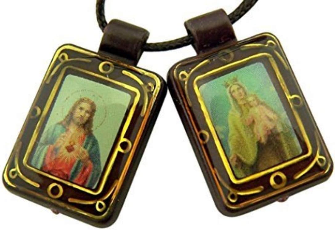 Brown Moulded Scapular with Sacred Heart and Our Lady Pendant, 14 1/2 Inch