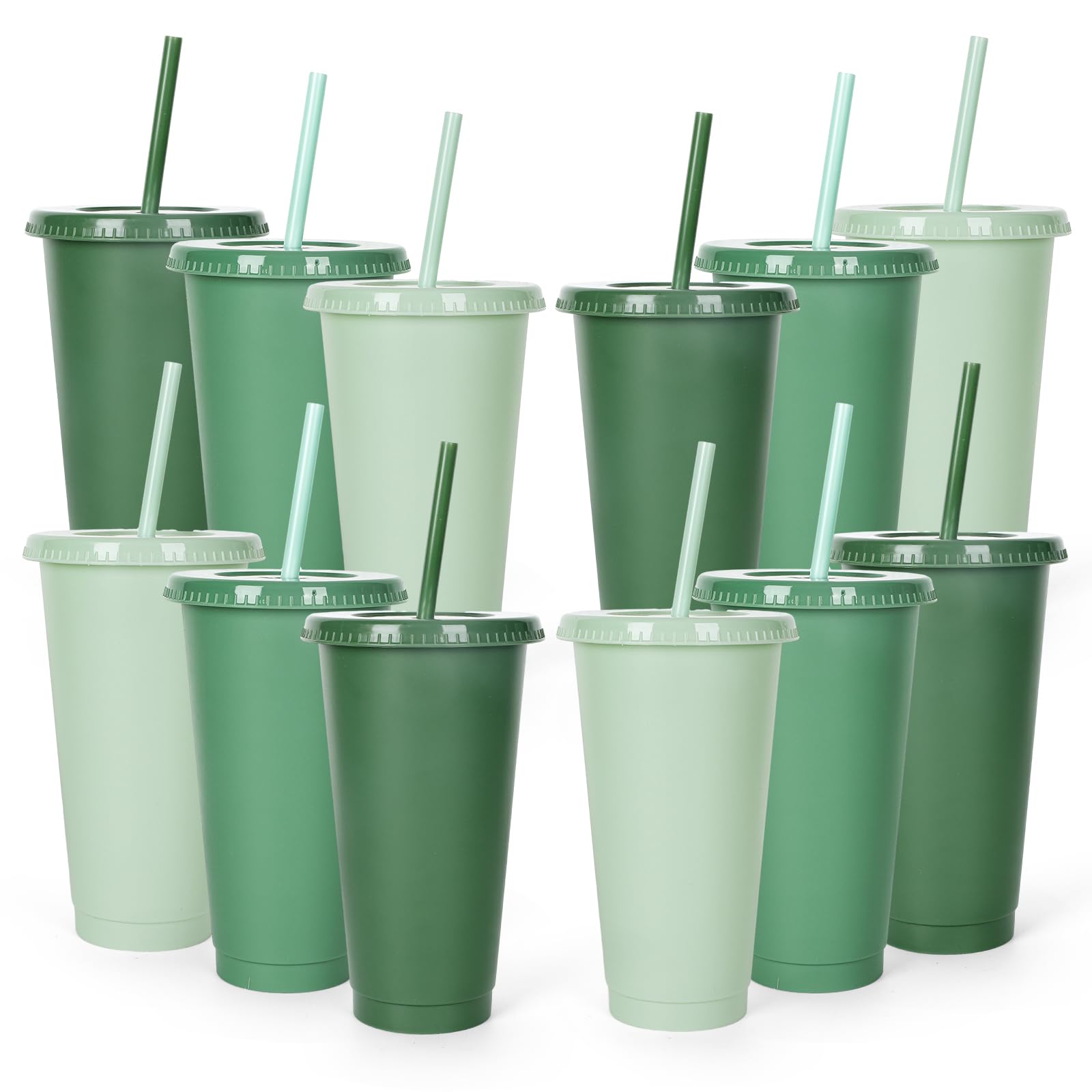 Whaline 12Pcs Sage Green Plastic Cups with Flat Lids and Straws 24 Oz Gradient Green Reusable Tumbler Travel