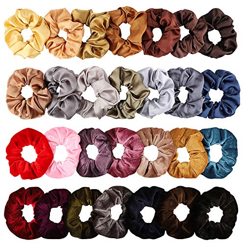 Grobro7 28Pcs Colorful Hair Scrunchies Velvet Elastic Hair Bands Satin Hair Ties Soft Bubble Ponytail Holder Metallic Color Styling Hair Accessories for Women or Girls
