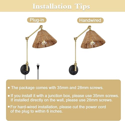 Miniatura 3 de WINGBO Lámpara de pared envuelta en ratán, 1 paquete, lámpara de pared ajustable con brazo oscilante, plegable, lámpara dorada, lámpara de noche