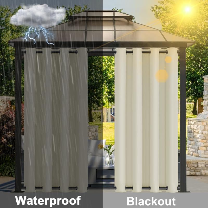Weatherproof Outdoor Curtains with Top and Bottom Grommets, Waterproof Outdoor Curtains for Patio, Thermal Insulated Privacy Blackout Curtain for Porch Pergola, 1 Panel, W72 xH102, Beige