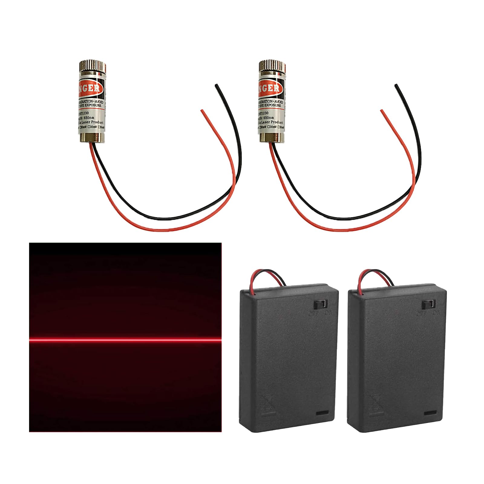 2 moduli laser focalizzabili, messa a fuoco laser, colore rosso, linea laser 3-5 V, 650 nm con lenti in plastica + supporto batteria AA, utilizzato per la correzione e l'allineamento di edifici