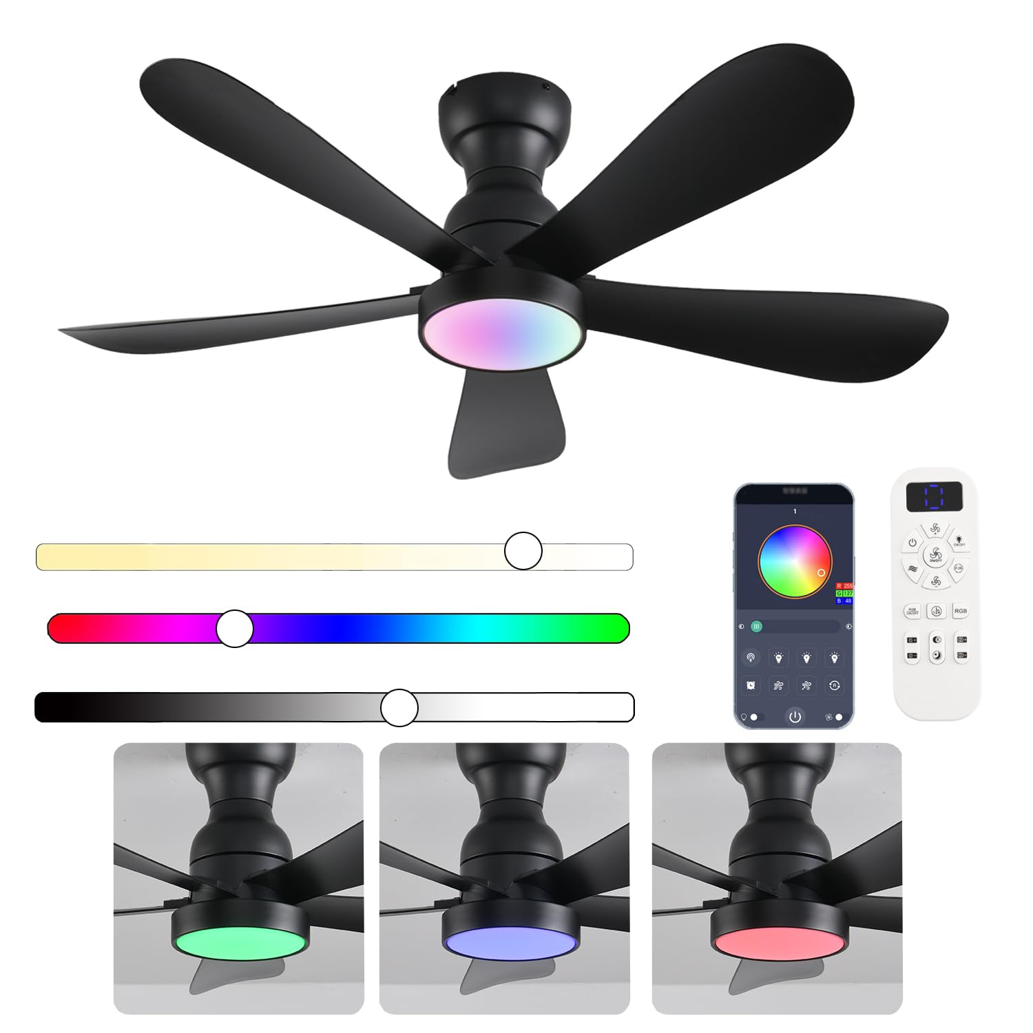 NKPU 42 Inch Black Ceiling Fans with Lights and Remote/App Control, Flush Mount Ceiling Fan With RGB Dimmable Light, Noiseless Modern Small Ceiling Fan For Bedroom Indoor/Outdoor