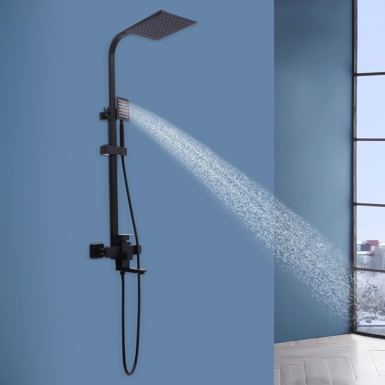 Rain Shower System with 7.87" x 7.87" Square Overhead Shower & Handheld Head, 31"-43" Height Adjustable, Wall Mount, Black