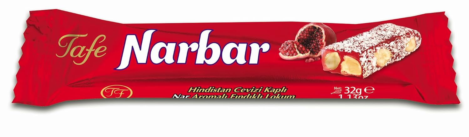 TAFE Narbar – Pomegranate Flavored Turkish Delight with Hazelnut & Coconut – Individually Wrapped Gourmet Candy Bar – Premium Mediterranean Sweet – 1.13 oz (32g) x 32 Bars in Gift Box