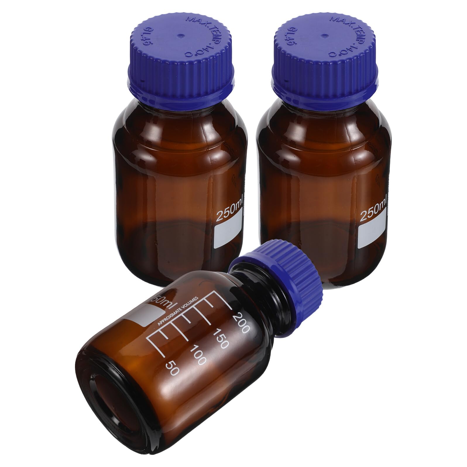ERINGOGO Réactifs en Laboratoire pour Stockage de Produits Chimiques 3 Flacons en Verre Marron 250ml avec Graduations Claires et Bouchons à Vis
