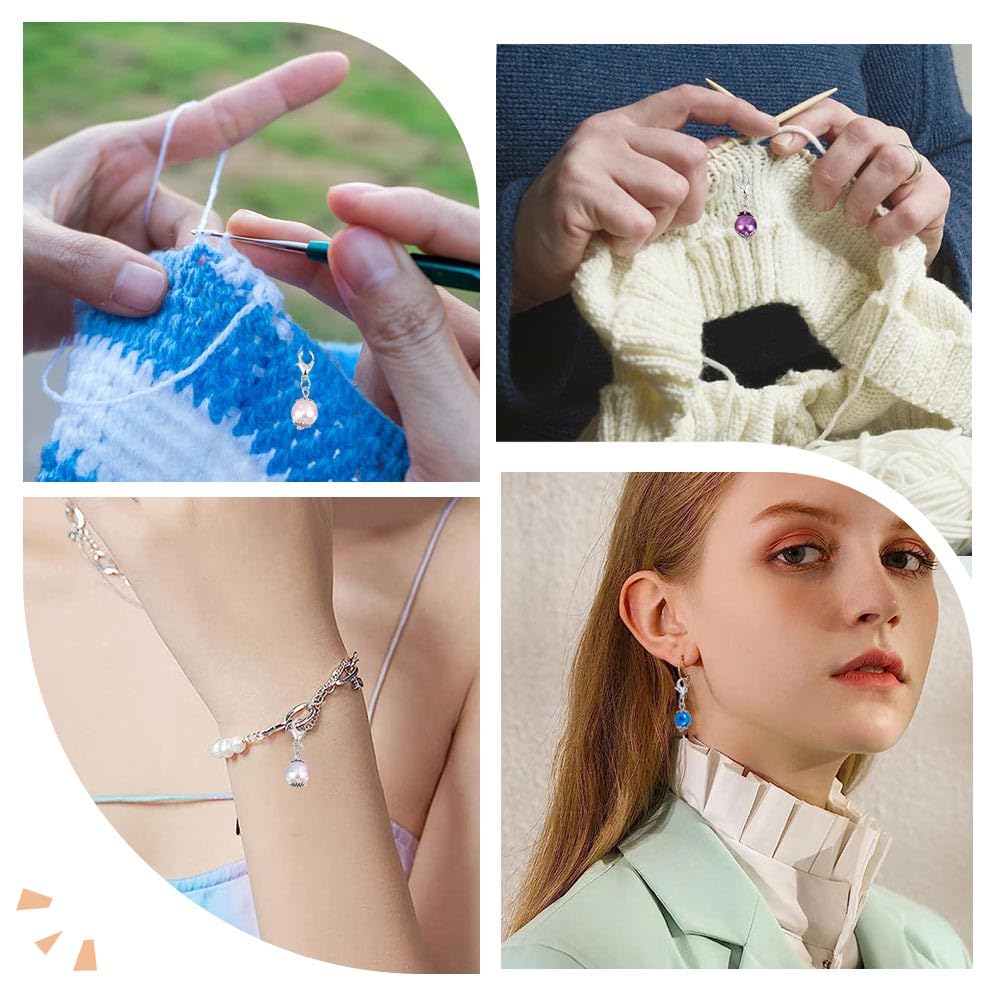 SUNNYCLUE 1 Caja 24 Piezas Marcadores de Punto de Ganchillo Marcadores de Tejer Marcadores de Tejer de Perlas Encantos de Punto de Perla de Metal con Palanca para Tejer Costura Costura Mujeres Adultos
