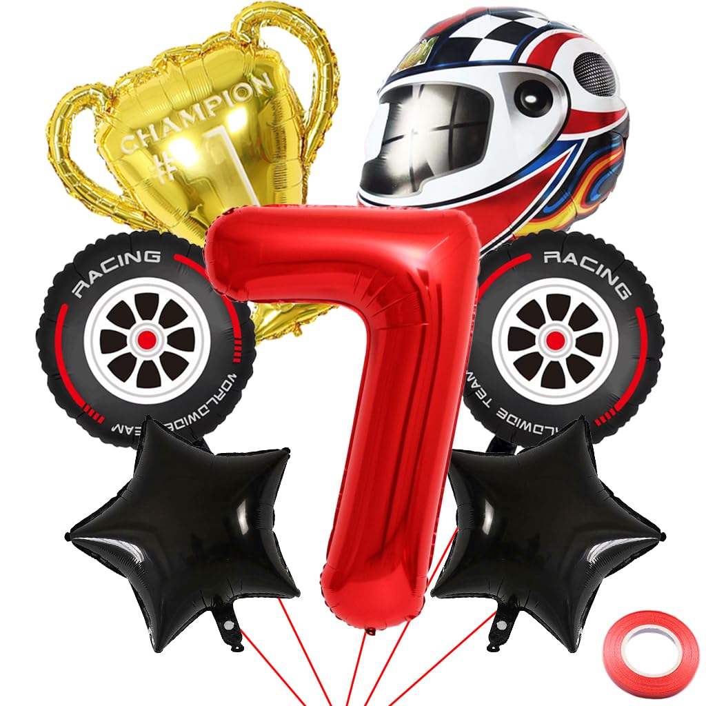 Kawailay 7 Year Old Racing Car Birthday Decoration with Balloons, Trophies, Helmet and Tyres