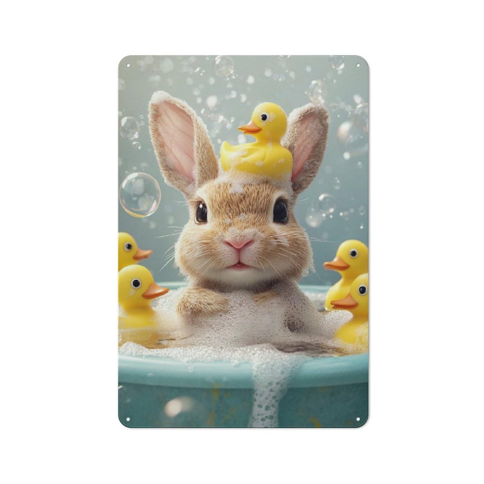 Junmoney Style-14 Vintage Metal Sign 30X20cm Featuring Bunny With Rubber Ducks In Bath, Home Bar Decor For Cafe, Pub, Workshop Or Home Bar