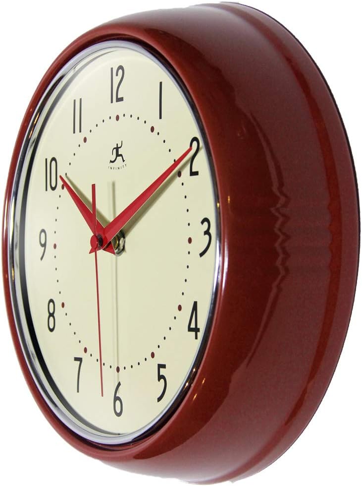 Infinity Instruments LTD. Retro 9 inch Silent Sweep Non-Ticking Mid Century Modern Kitchen Diner Wall Clock Quartz Movement Retro Wall Clock Decorative (Red)…