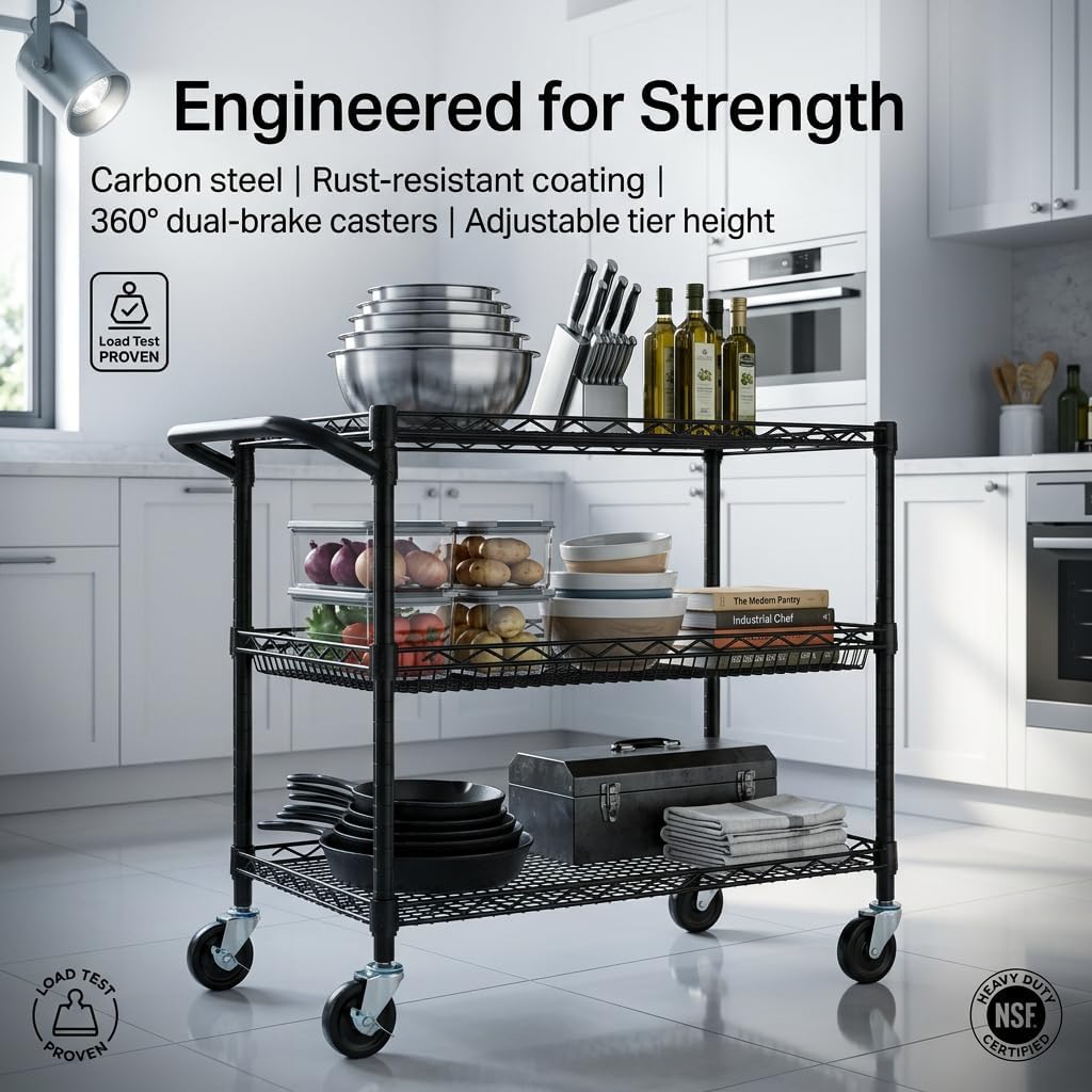 Finnhomy 3 Tier Heavy Duty Commercial Grade Utility Cart, Wire Rolling Metal Trolley with Handle Bar, Steel Kitchen Service Cart with Wheels, Food Storage Trolley on Wheels, NSF Listed, Black