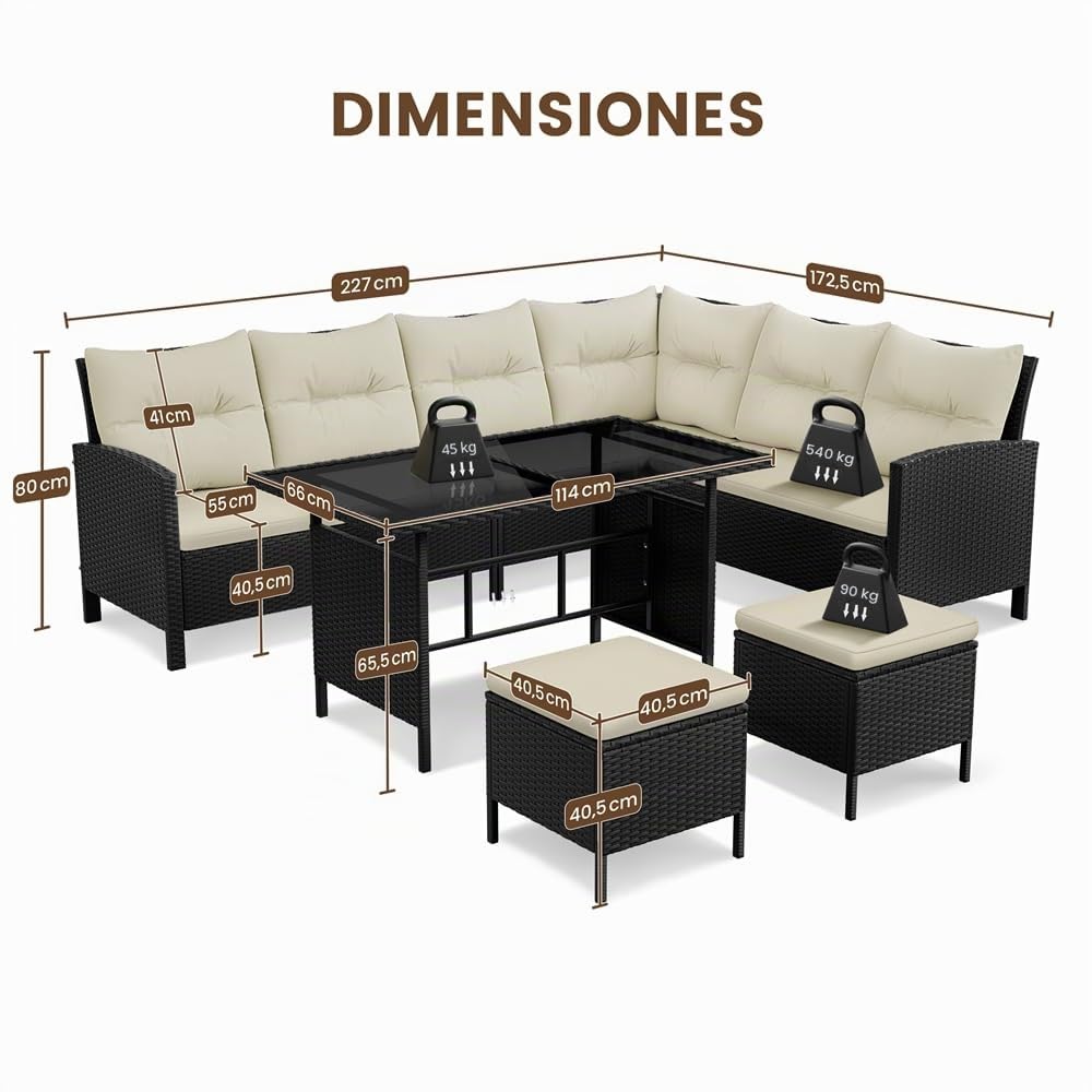 Yaheetech Conjunto de Mueble de Jardín para Patio de 4 Piezas Sofás de Ratán para Exterior con Mesa de Cristal y Otomanas para Balcón Porche Terraza Negro/Beige