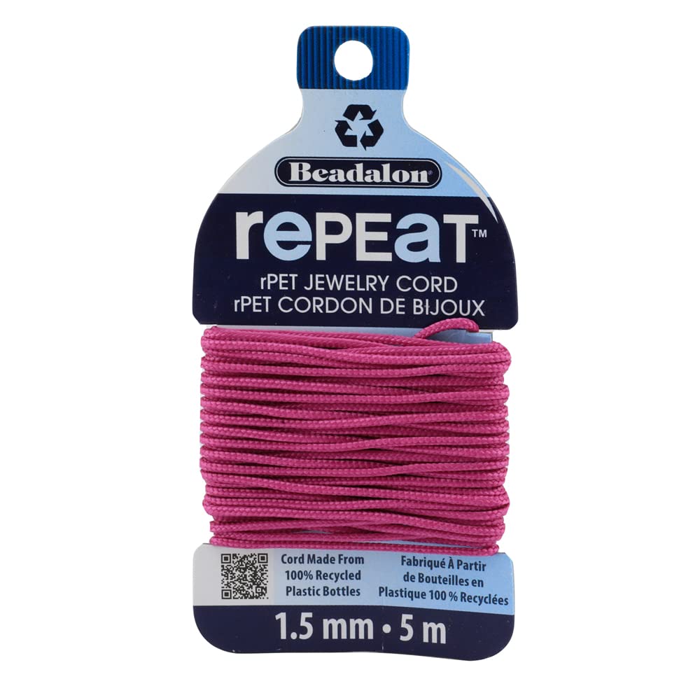 Cordon bracelet fuchsia 1,5mm en plastique recyclé Beadalon fil écoresponsable 5m