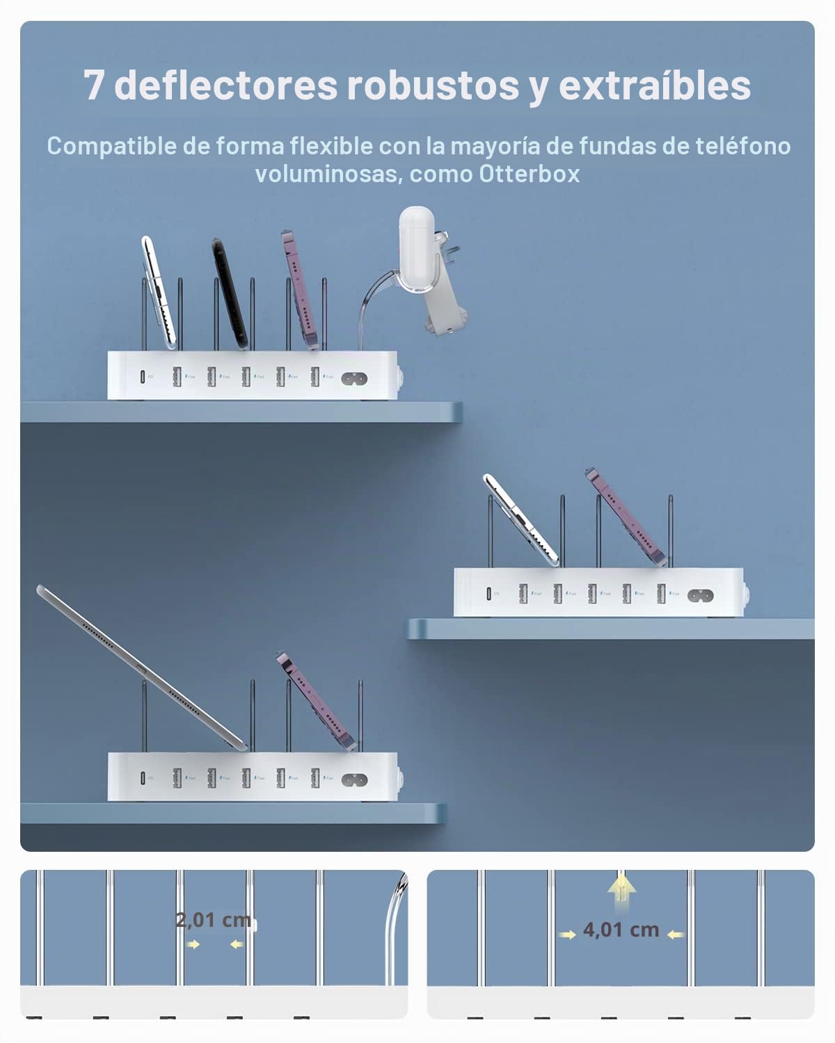 SooPii 60W Estación de Carga de 6 Puertos, PD 20W USB C Carga rápida para lPhone 14/13/12, 2 en 1 i Watch Holder, 6 Cables Cortos incluidos para teléfonos, tabletas y Otros, Blanco