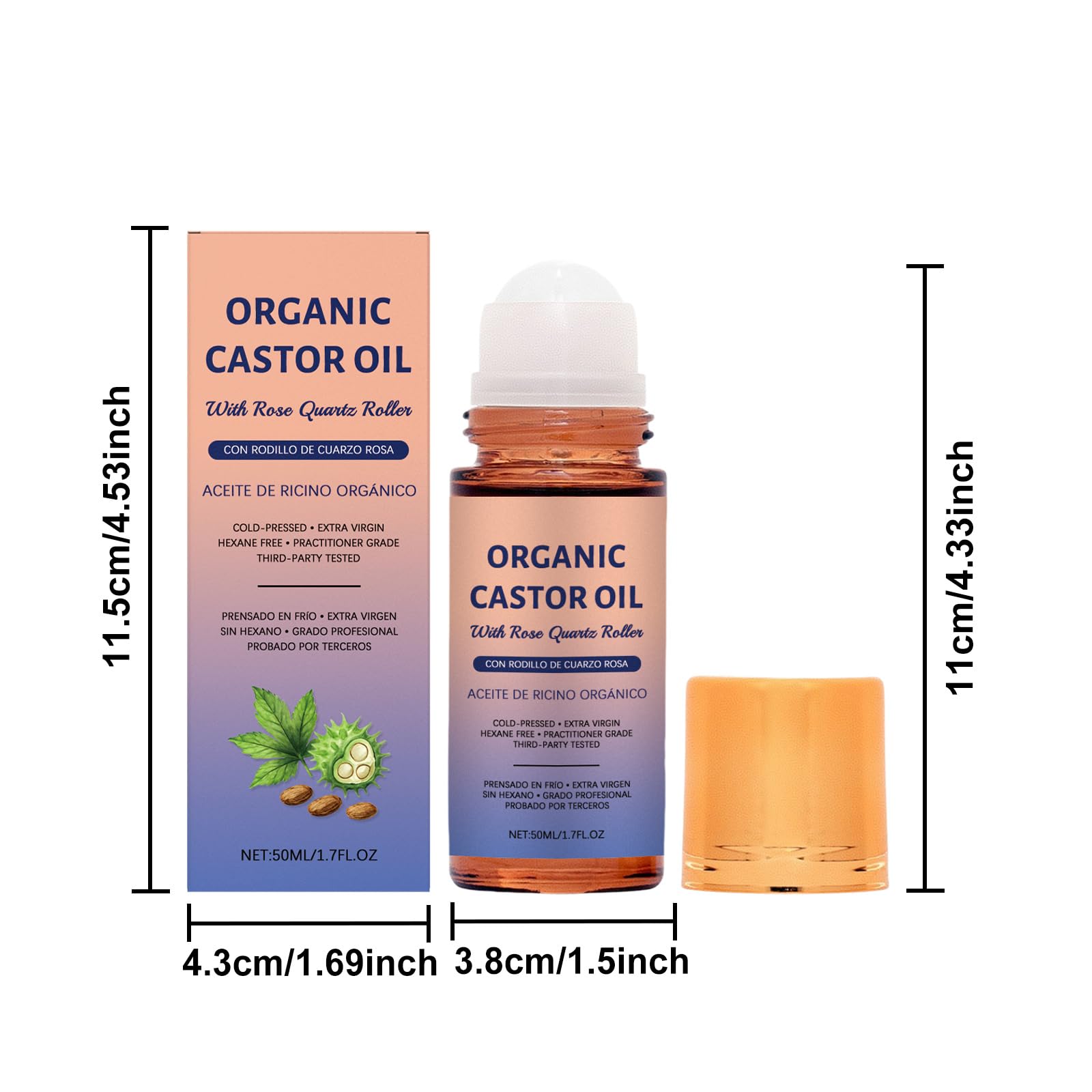 Aceite de ricino Roll On Rose Quartz Bio Ricinusöl Roll On-Rosenquarz Roller-Rosenöl el Rost-Bámbar Glasflasche- Nutre suavemente los aceites de ricino de la piel, aceites faciales, 50 ml/1,7fl.oz