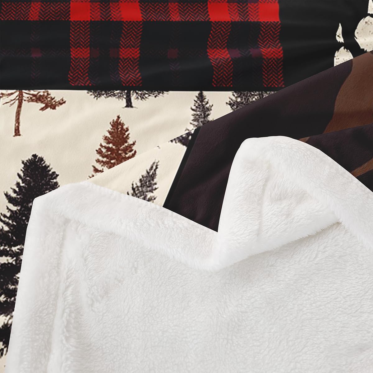 Retro Cabin Throw Blanket For Boys, Checkered Plaid Patchwork Fleece Blanket, Woodland Wildlife Deer Bear Trees Fuzzy Blanket Country Farmhouse Moose Sherpa Flannel Blanket, Red Black, Queen Size