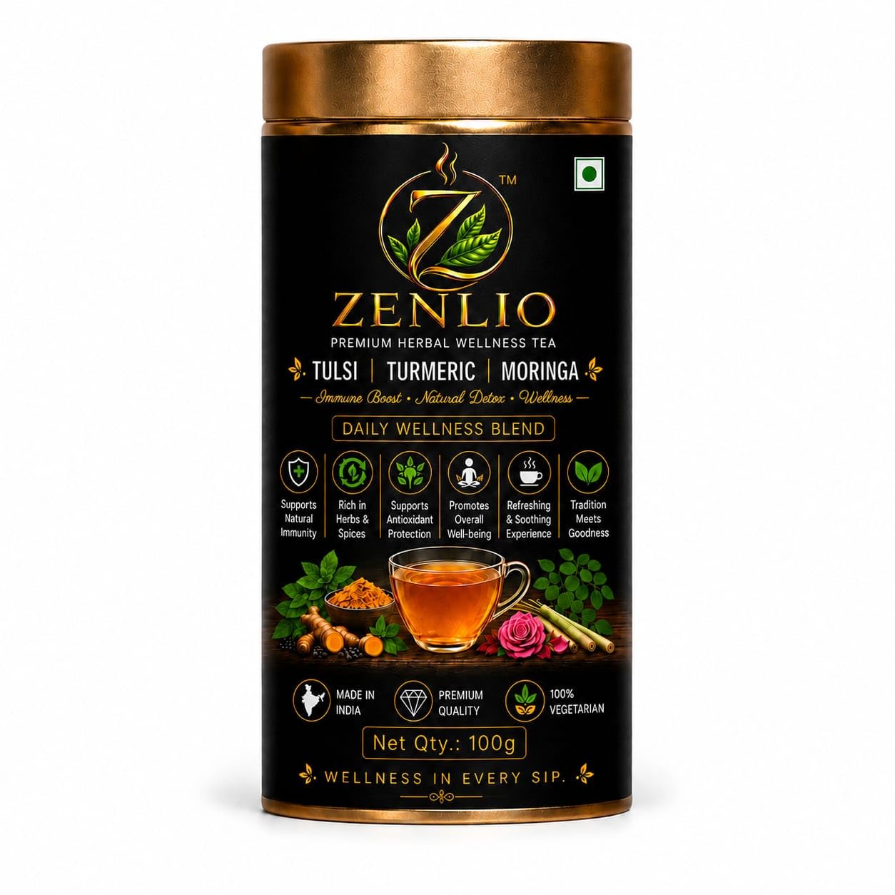 ZENLIO Premium Herbal Wellness Tea with Tulsi, Turmeric and Moringa, Immune Boost, Natural Detox, 100% Vegetarian, 100g
