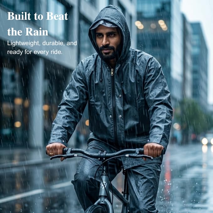 Image of GRECIILOOKS Men`s Raincoat | raincoat For men Waterproof with Hood | Rainsuit with Drawstring & heavy duty zippers | rain coat for Mens with Transparent Visor