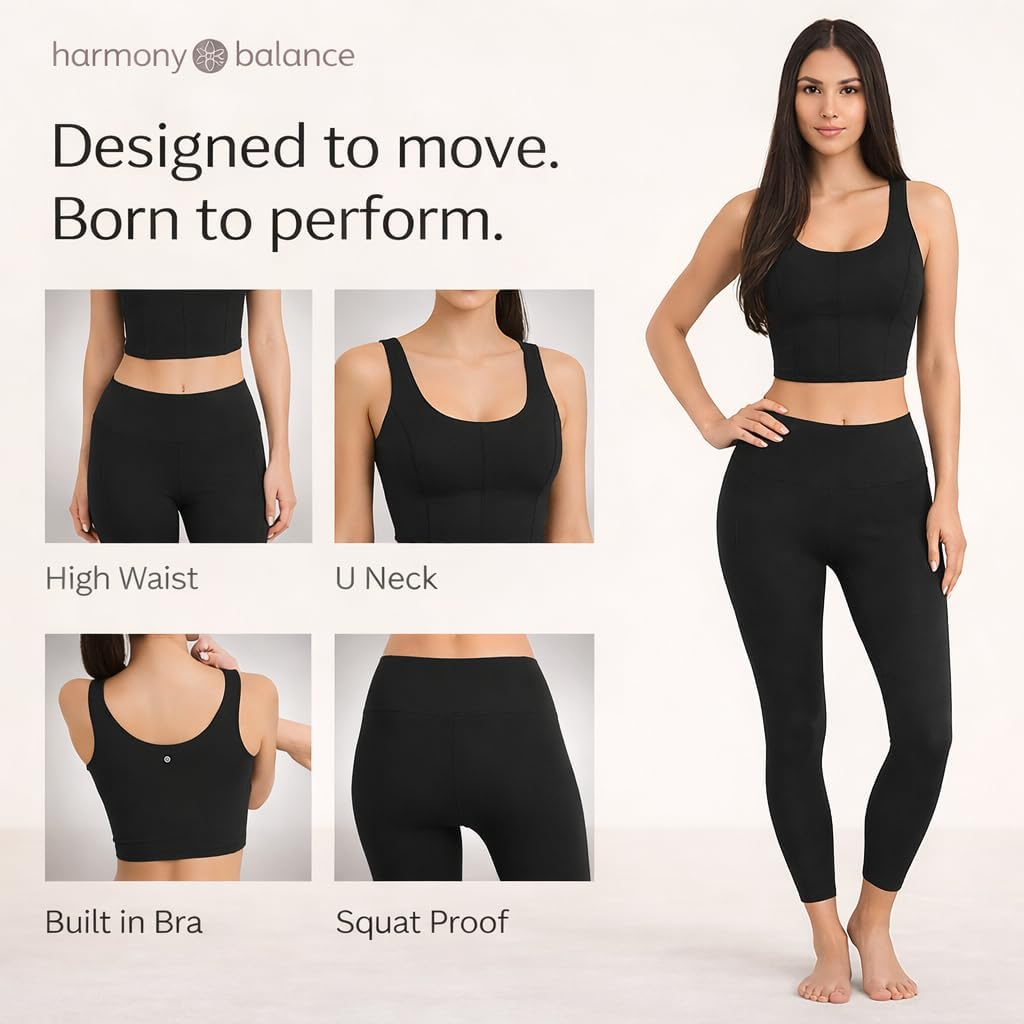 Harmony & Balance Womens Yoga & Pilates Set, Buttery Soft 4-Way Stretch Fabric, Tank with Matching Leggings
