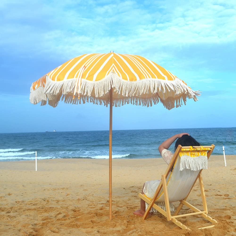 Patio Strandparaplu met Franje En Draagtas,Roze Wit Gestreepte UV-bescherming Tuin Tassel Paraplu's met Opvouwbare Push Button Kantelen Houten Paal, Parasol voor Vakantie Gazon Zw(Size:7'H,Color:Beige