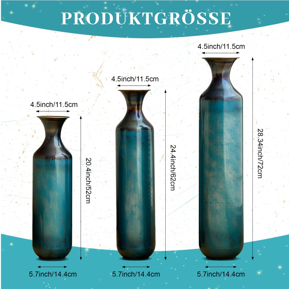 Metallvase 3er Set Vintage Bodenvase Mit Handgebrannter Optik Für Wohnzimmer Flur Und Moderne Wohndeko (Blue+Green + Metal)